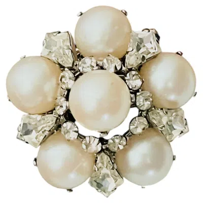 Pre-owned Dior Christian  Vintage Rare 1966 White Pearls Crystals Openwork Domed Brooch