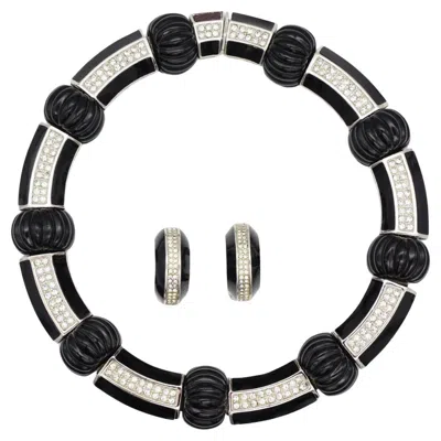 Pre-owned Dior Christian  Vintage Rare Black Crystals Carved Scalloped Melon Hinge Link Set