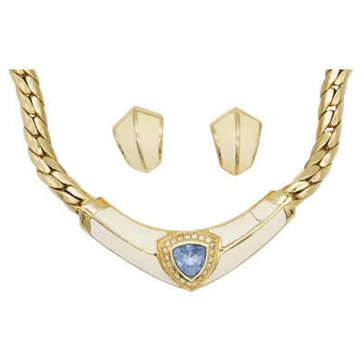 Pre-owned Dior Christian  Vintage Rare Gold Aqua Blue Clear Crystals Shield Beige White Set
