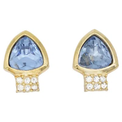 Pre-owned Dior Christian  Vintage Rare Gold Aqua Blue Double Crystals Triangle Earrings