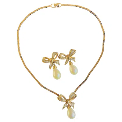 Pre-owned Dior Christian  Vintage Rare Gold Bow White Pearl Crystals Tear Water Drop 2 Set