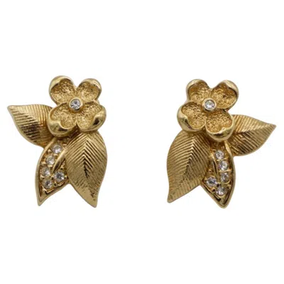 Pre-owned Dior Christian  Vintage Rare Gold Flower Leaf Crystals Elegant Pierced Earrings In Multi