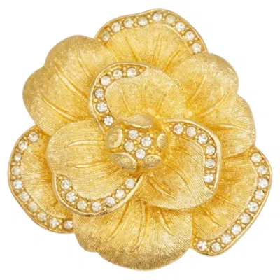 Pre-owned Dior Christian  Vintage Rare Gold Large Camellia Crystal Layer Rose Chunky Brooch In Red