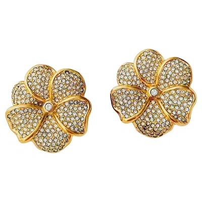 Pre-owned Dior Christian  Vintage Rare Gold Large Flower Crystals Shining Clip Earrings In Multiple