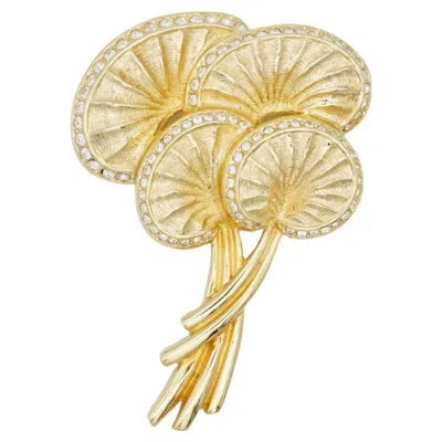 Pre-owned Dior Christian  Vintage Rare Gold Large Water Lily Palm Leaf Crystals Brooch In Multi