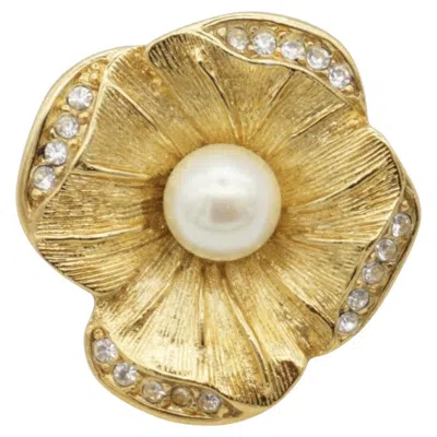 Pre-owned Dior Christian  Vintage Rare Gold Pearl Crystals White Round Flower Brooch Pin