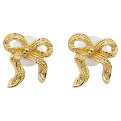 Pre-owned Dior Christian  Vintage Rare Gold Ribbon Bow Butterfly Crystals Pierced Earrings In Multi