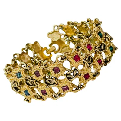 Pre-owned Dior Christian  Vintage Rare Gold Ruby Sapphire Emerald Amethyst Mesh Bracelet In Purple