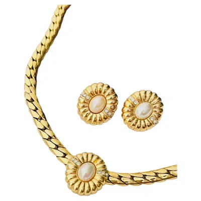 Pre-owned Dior Christian  Vintage Rare Gold Sunburst White Oval Pearls Crystals 2 Set