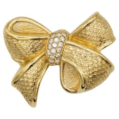 Pre-owned Dior Christian  Vintage Rare Gold Textured Ribbon Crystals Knot Bow New Brooch In Multi