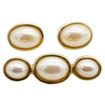 Pre-owned Dior Christian  Vintage Rare Gold White Oval Pearls Elegant Brooch Earrings Set