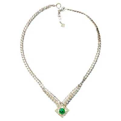 Pre-owned Dior Christian  Vintage Rare Green Emerald Crystals Square Layers Silver Necklace