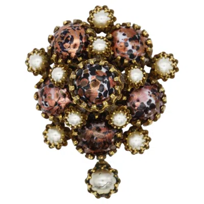 Pre-owned Dior Christian  Vintage Rare Kramer Pearls Red Leopard Cabochon Statement Brooch