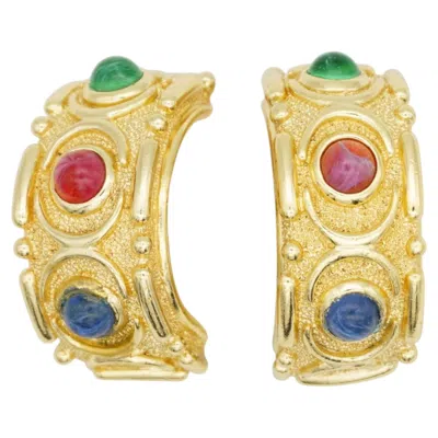 Pre-owned Dior Christian  Vintage Rare Large Gripoix Ruby Emerald Sapphire Domed Earrings In Green