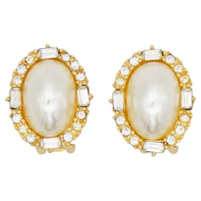 Pre-owned Dior Christian  Vintage Rare Pearl Oval White Crystals Rectangle Circle Earrings