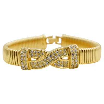 Pre-owned Dior Christian  Vintage Rare Unisex Gold Crystals Cross Ribbed Omega Bracelet In Multi