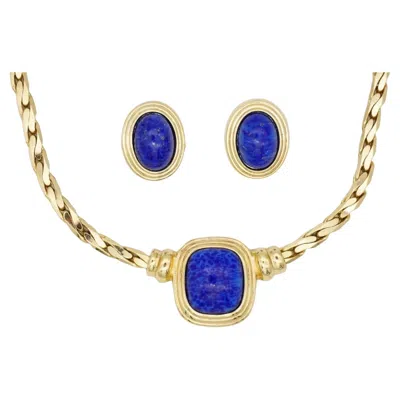 Pre-owned Dior Christian  Vintage Rare Unisex Gold Lapis Blue Cabochon Rectangle Oval 2 Set