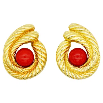 Pre-owned Dior Christian  Vintage Red Cabochon Double Rope Swirl Chunky Gold Clip Earrings