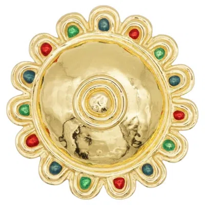 Pre-owned Dior Christian  Vintage Ruby Emerald Sapphire Cabochon Massive Shield Gold Brooch In Green