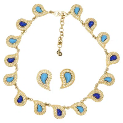 Pre-owned Dior Christian  Vintage Turquoise Lapis Blue Peacock Eye Paisley Crystals 2 Set