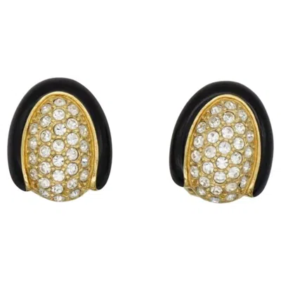 Pre-owned Dior Christian  Vintage Unisex Gold Oval Whole Crystals Black Enamel Earrings