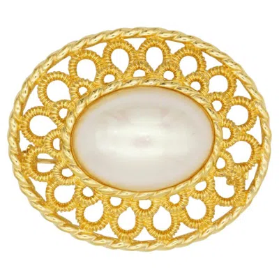 Pre-owned Dior Christian  Vintage Unisex Gold White Large Oval Pearl Flower Baroque Brooch