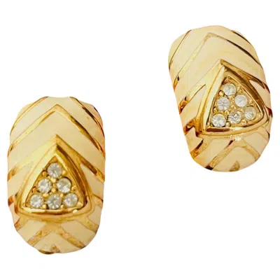 Pre-owned Dior Christian  Vintage Unisex Gold White Triangle Crystals Beige Domed Earrings