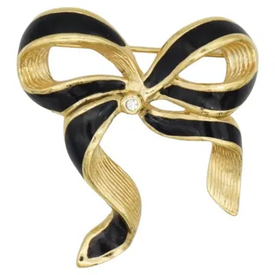 Pre-owned Dior Christian  Vintage Unisex Iconic Gold Black Ribbon Crystals Knot Bow Brooch