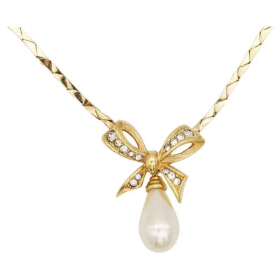 Pre-owned Dior Christian  Vintage White Bow Pearl Crystals Tear Water Drop Gold Necklace