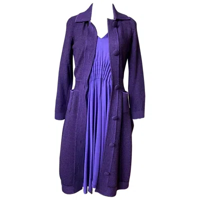 Pre-owned Dior Christian  Vintage Women's Silk Dress & Wool Coat Set, Size 38 In Purple