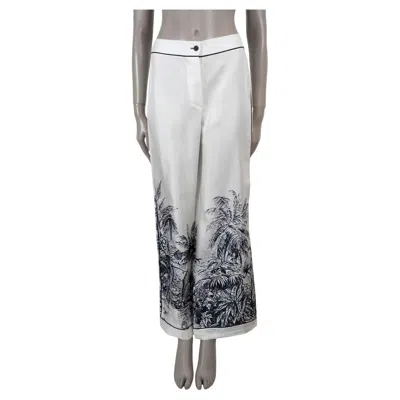 Pre-owned Dior Christian  White & Blue Silk 2021 Chez Moi Toile De Jouy Palms Pants Xs