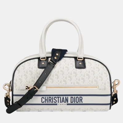 Pre-owned Dior Christian  White Calfskin Medium  Vibe Zip Bowling Bag