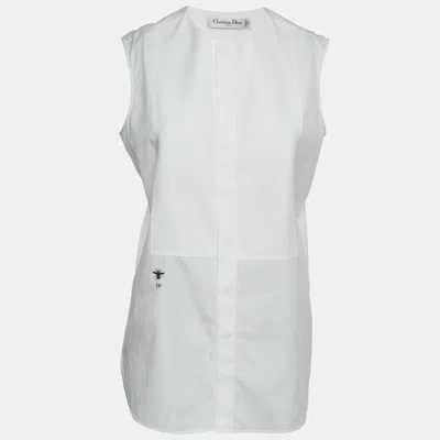 Pre-owned Dior Christian  White Embroidered Bee Plastron Poplin Sleeveless Top M