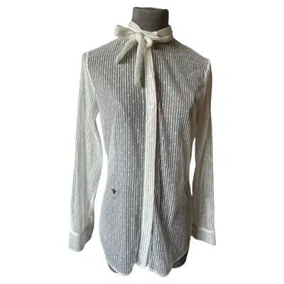 Pre-owned Dior Christian  White Lace Tie-neck Blouse With Signature Bee Embroidery, Size M