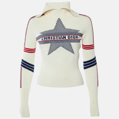 Pre-owned Dior Christian  White Logo Intarsia Wool Knit Pullover M