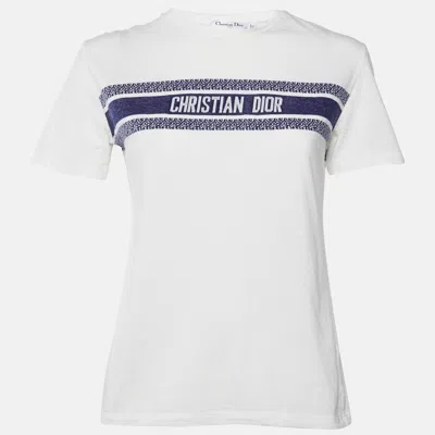Pre-owned Dior Christian  White Logo Striped Band Cotton Crew Neck T-shirt S