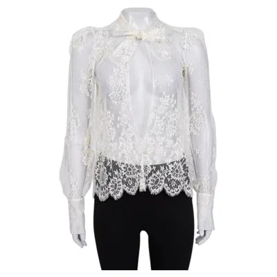 Pre-owned Dior Christian  White Sheer Tie Neck Blouse Long Sleeve Size S