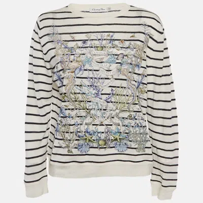 Pre-owned Dior Christian  White Striped Linen & Cashmere Knit Sweater M