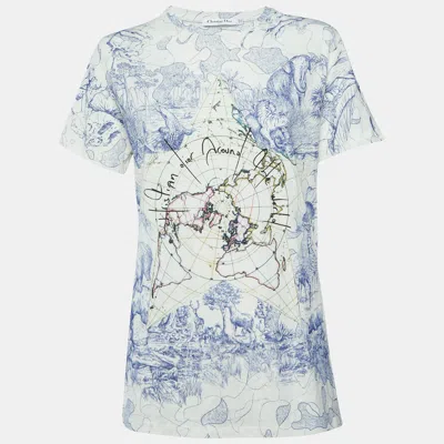Pre-owned Dior Christian  White/blue Around The World Print Jersey Crewneck T-shirt M