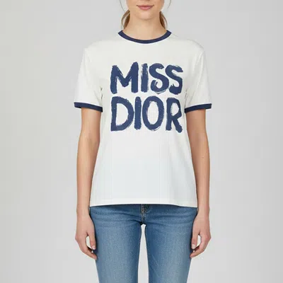 Pre-owned Dior Christian  White/blue Miss  Print Cotton & Linen T-shirt L