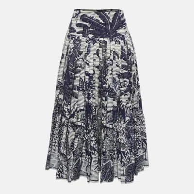 Pre-owned Dior Christian  White/blue Toile De Jouy Print Cotton Pleated Midi Skirt S