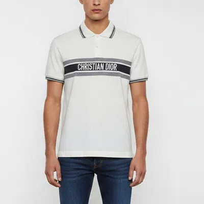 Pre-owned Dior Christian  White/navy Blue Striped Logo Jersey Polo T-shirt L