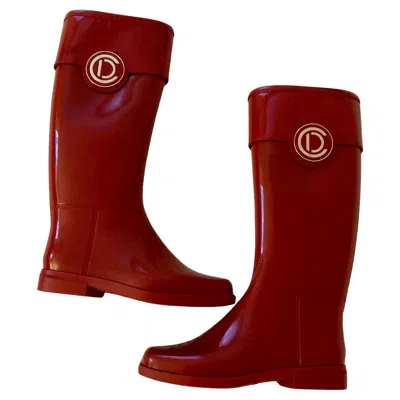 Pre-owned Dior Christian  Woman Red Patent Trim Rubber Rain Boot Gold Logo Boots
