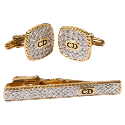 Pre-owned Dior Christian Silver Tone Logo Tie Clip And Cufflinks Set In Multi