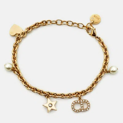Pre-owned Dior Clair D Lune Crystals Faux Pearl Gold Tone Bracelet