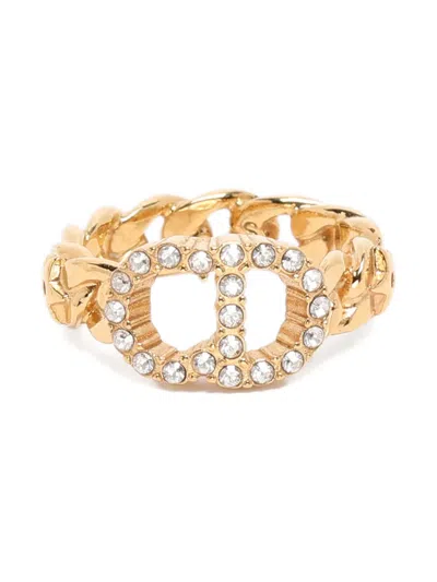 Pre-owned Dior Claire De Lune Rhinestone Chain Ring In Gold