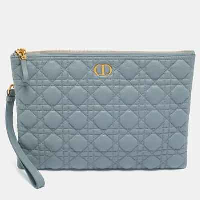 Pre-owned Dior Cloud Bue Cannage Leather Large Caro Daily Pouch In Blue