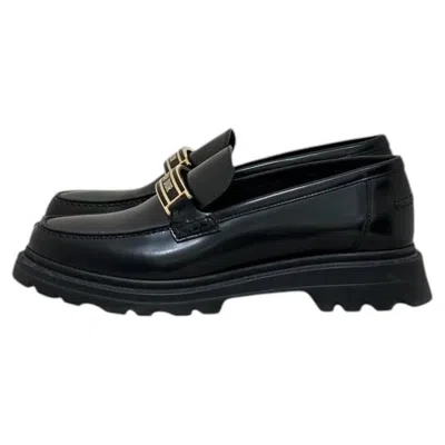 Pre-owned Dior Code Black Brushed Calfskin Gold Logo Platform Loafers Sz.38