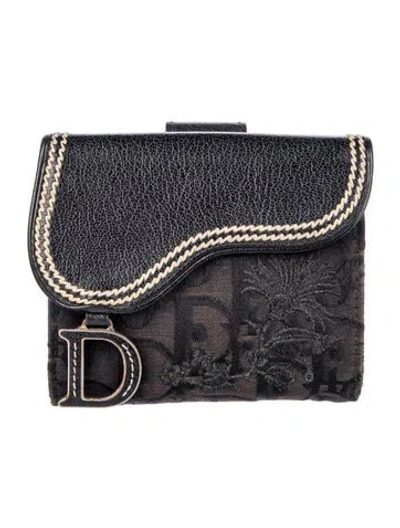 Pre-owned Dior Compact Saddle Leather Compact Wallet In Black