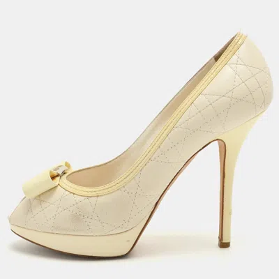 Pre-owned Dior Cream Cannage Patent And Leather Bow Peep Toe Pumps Size 39.5